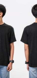 Young handsome asian man in blank black t-shirt front and back view isolated white background. Blank black t-shirt for mock up, template, print and t-shirt design concept.